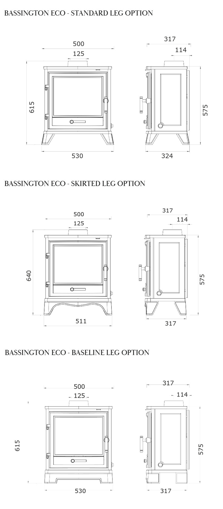Warm White Bassington Eco Multifuel Stove Sizes